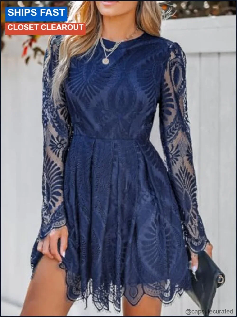 Sheer Insert Scallop Trim Lace Long Sleeve A-Line Mini Dress